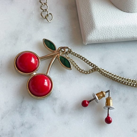 Cherries Necklace and Ring with Coordinating Post Earrings, 3-Piece Set - Picture 4 of 7